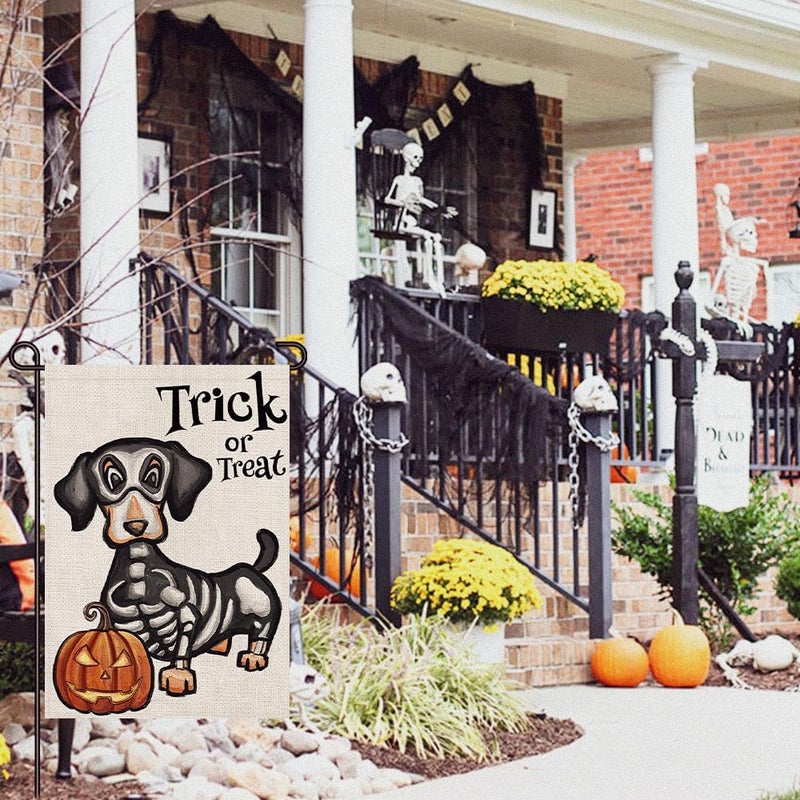 Decorhua Halloween Trick or Treat Garden Flag Ghost Dog 12x18 Inch Small Double Sided Burlap Welcome Yard Dachshund Skeleton Outside Decorations DF342 - Image 4